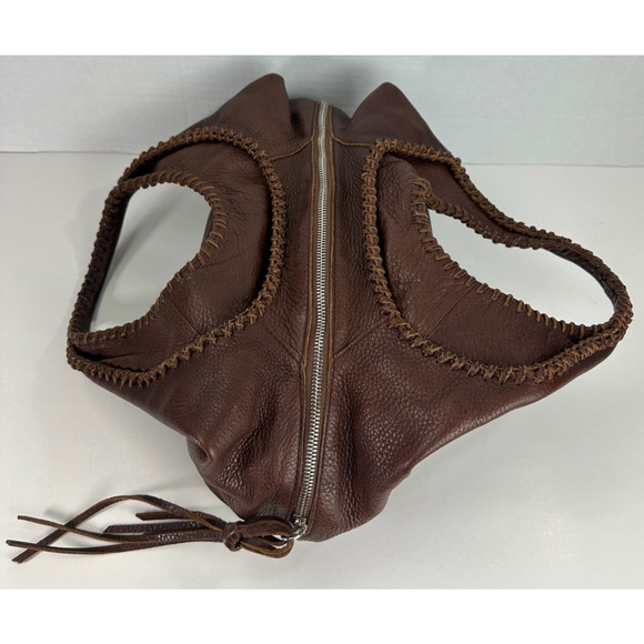 Banana Republic Brown Pebbled Genuine Leather Slouch Hobo Whipstitch Zip Bag - Picture 3 of 16